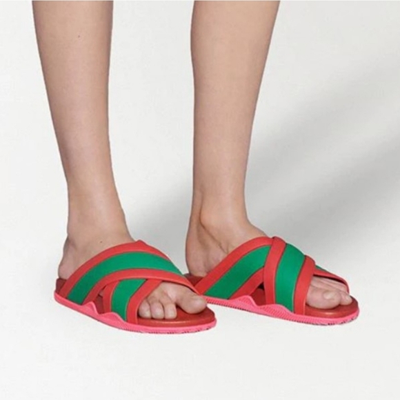 GUCCI Rubber Web Womens Criss Cross Slide Sandals  Coral New Shamarock - Picture 2 of 13